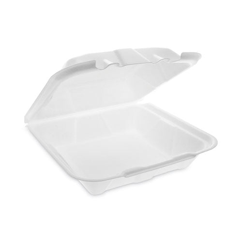 Image of Pactiv Evergreen YTD19901ECON Vented Foam Hinged Lid Container, Dual Tab Lock Economy, 9.1 x 9 x 3.3, White, 150/Carton