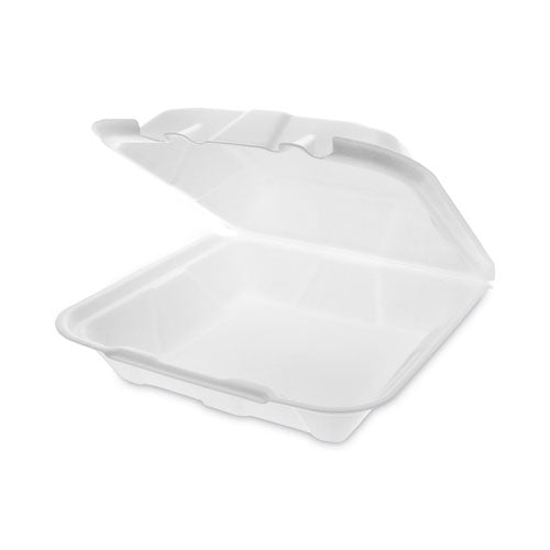 Image of Pactiv Evergreen YTD19901ECON Vented Foam Hinged Lid Container, Dual Tab Lock Economy, 9.1 x 9 x 3.3, White, 150/Carton