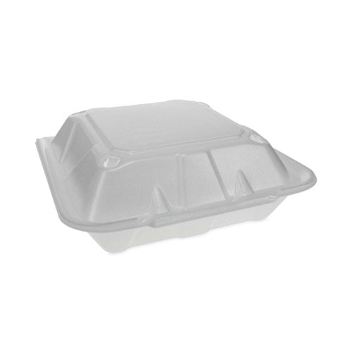 Image of Pactiv Evergreen YTD19903ECON Vented Foam Hinged Lid Container, Dual Tab Lock Economy, 3 Compartments, 9.1 x 9 x 3.3, White, 150/Carton