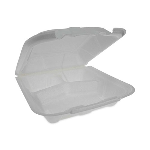 Image of Pactiv Evergreen YTD19903ECON Vented Foam Hinged Lid Container, Dual Tab Lock Economy, 3 Compartments, 9.1 x 9 x 3.3, White, 150/Carton