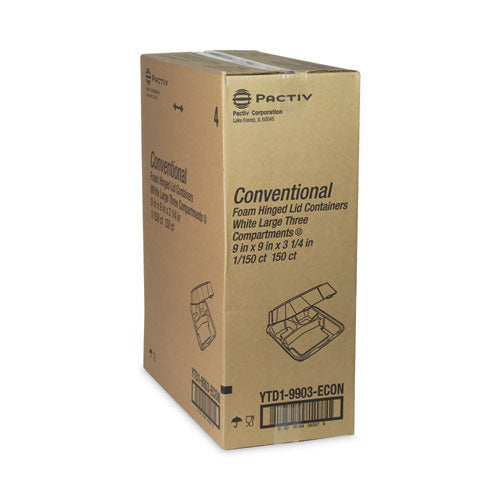 Image of Pactiv Evergreen YTD19903ECON Vented Foam Hinged Lid Container, Dual Tab Lock Economy, 3 Compartments, 9.1 x 9 x 3.3, White, 150/Carton