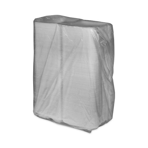 Image of Pactiv Evergreen YTD19903ECON Vented Foam Hinged Lid Container, Dual Tab Lock Economy, 3 Compartments, 9.1 x 9 x 3.3, White, 150/Carton