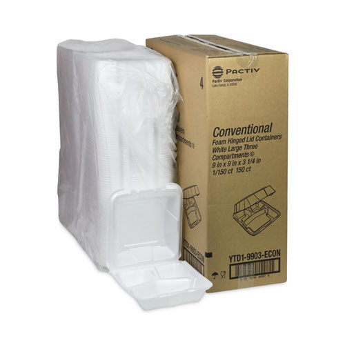 Image of Pactiv Evergreen YTD19903ECON Vented Foam Hinged Lid Container, Dual Tab Lock Economy, 3 Compartments, 9.1 x 9 x 3.3, White, 150/Carton