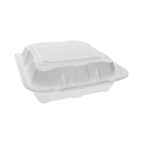 Image of Pactiv Evergreen YTD188010000 Vented Foam Hinged Lid Container, Dual Tab Lock, 8.4 x 8 x 3, White, 150/Carton