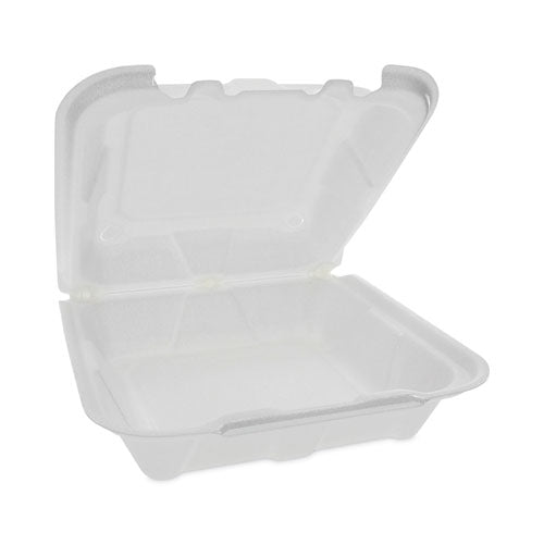 Image of Pactiv Evergreen YTD188010000 Vented Foam Hinged Lid Container, Dual Tab Lock, 8.4 x 8 x 3, White, 150/Carton