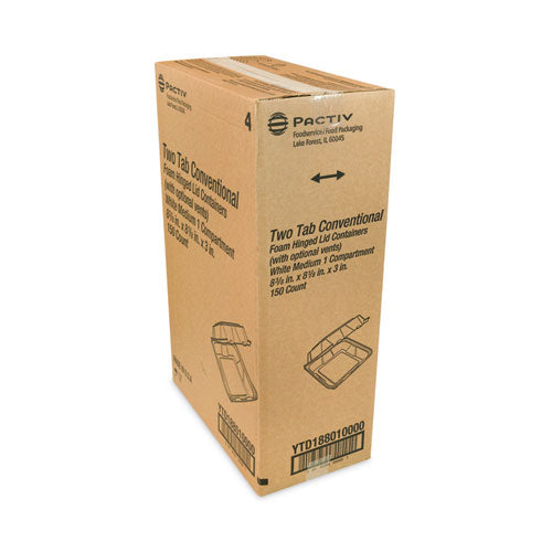 Image of Pactiv Evergreen YTD188010000 Vented Foam Hinged Lid Container, Dual Tab Lock, 8.4 x 8 x 3, White, 150/Carton