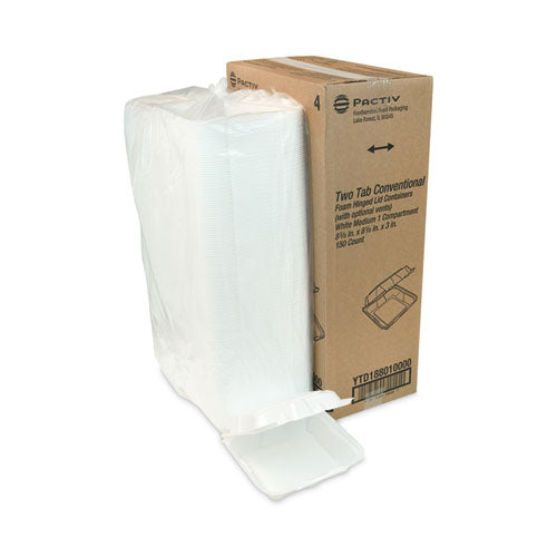 Image of Pactiv Evergreen YTD188010000 Vented Foam Hinged Lid Container, Dual Tab Lock, 8.4 x 8 x 3, White, 150/Carton