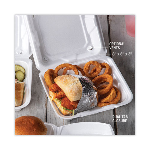 Image of Pactiv Evergreen YTD188010000 Vented Foam Hinged Lid Container, Dual Tab Lock, 8.4 x 8 x 3, White, 150/Carton