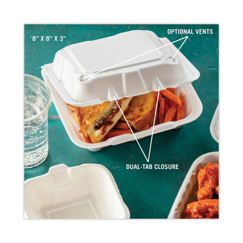 Image of Pactiv Evergreen YTD188010000 Vented Foam Hinged Lid Container, Dual Tab Lock, 8.4 x 8 x 3, White, 150/Carton