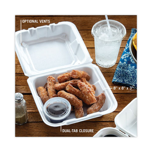 Image of Pactiv Evergreen YTD188010000 Vented Foam Hinged Lid Container, Dual Tab Lock, 8.4 x 8 x 3, White, 150/Carton