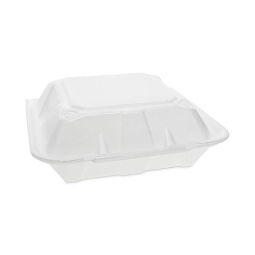 Image of Pactiv Evergreen YTD199010000 Vented Foam Hinged Lid Container, Dual Tab Lock, 9.13 x 9 x 3.25, White, 150/Carton
