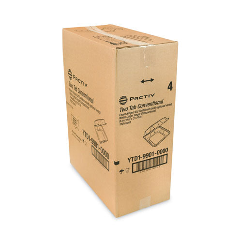 Image of Pactiv Evergreen YTD199010000 Vented Foam Hinged Lid Container, Dual Tab Lock, 9.13 x 9 x 3.25, White, 150/Carton