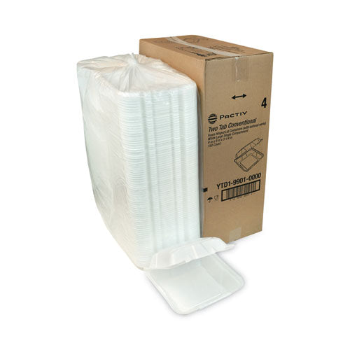 Image of Pactiv Evergreen YTD199010000 Vented Foam Hinged Lid Container, Dual Tab Lock, 9.13 x 9 x 3.25, White, 150/Carton