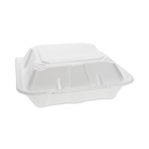 Image of Pactiv Evergreen YTD199030000 Vented Foam Hinged Lid Container, Dual Tab Lock, 3 Compartments, 9.1 x 9 x 3.3, White, 150/Carton