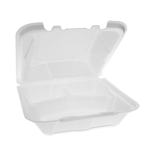 Image of Pactiv Evergreen YTD199030000 Vented Foam Hinged Lid Container, Dual Tab Lock, 3 Compartments, 9.1 x 9 x 3.3, White, 150/Carton