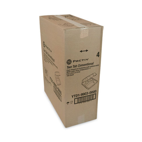 Image of Pactiv Evergreen YTD199030000 Vented Foam Hinged Lid Container, Dual Tab Lock, 3 Compartments, 9.1 x 9 x 3.3, White, 150/Carton