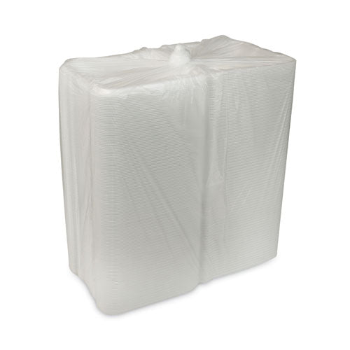Image of Pactiv Evergreen YTD199030000 Vented Foam Hinged Lid Container, Dual Tab Lock, 3 Compartments, 9.1 x 9 x 3.3, White, 150/Carton