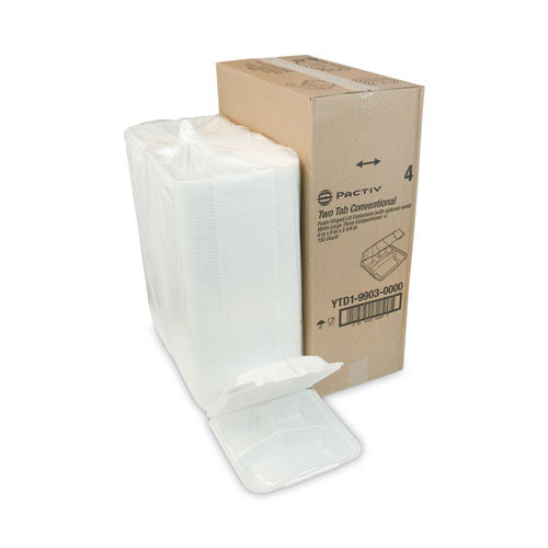 Image of Pactiv Evergreen YTD199030000 Vented Foam Hinged Lid Container, Dual Tab Lock, 3 Compartments, 9.1 x 9 x 3.3, White, 150/Carton