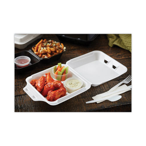 Image of Pactiv Evergreen YTD199030000 Vented Foam Hinged Lid Container, Dual Tab Lock, 3 Compartments, 9.1 x 9 x 3.3, White, 150/Carton