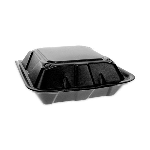 Image of Pactiv Evergreen YTDB99010000 Vented Foam Hinged Lid Container, Dual Tab Lock, 9.1 x 9 x 3.3, Black, 150/Carton