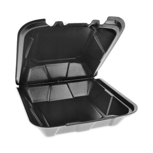 Image of Pactiv Evergreen YTDB99010000 Vented Foam Hinged Lid Container, Dual Tab Lock, 9.1 x 9 x 3.3, Black, 150/Carton