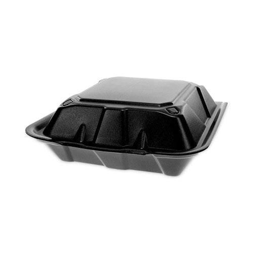 Image of Pactiv Evergreen YTDB99010000 Vented Foam Hinged Lid Container, Dual Tab Lock, 9.1 x 9 x 3.3, Black, 150/Carton
