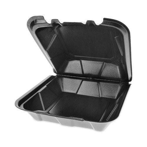 Image of Pactiv Evergreen YTDB99010000 Vented Foam Hinged Lid Container, Dual Tab Lock, 9.1 x 9 x 3.3, Black, 150/Carton