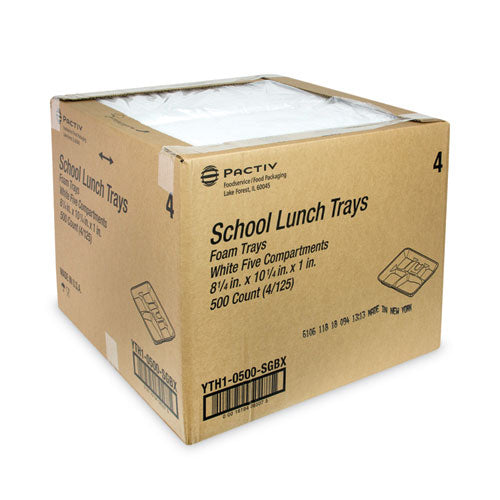 Image of Pactiv Evergreen YTH10500SGBX Foam School Trays, 5-Compartment Tray, 8.25 x 10.5 x 1, White, 500/Carton