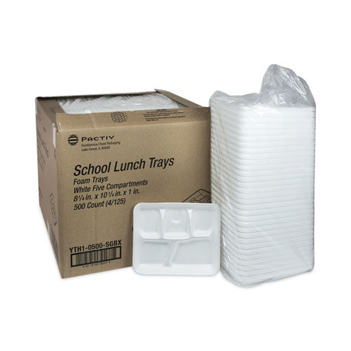 Image of Pactiv Evergreen YTH10500SGBX Foam School Trays, 5-Compartment Tray, 8.25 x 10.5 x 1, White, 500/Carton