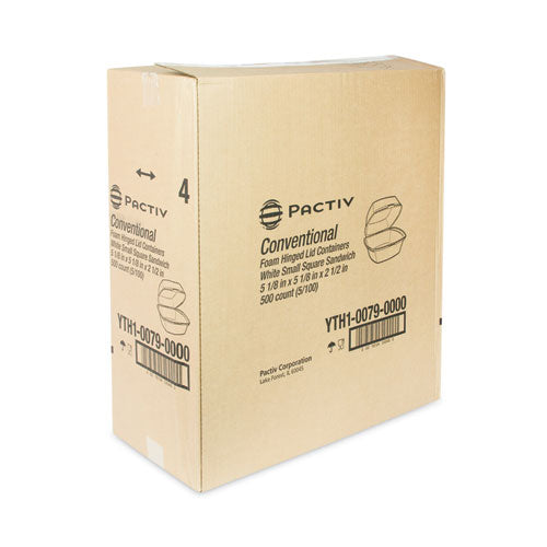 Image of Pactiv Evergreen YTH100790000 Foam Hinged Lid Container, Single Tab Lock, 5 x 5 x 2.5, White, 500/Carton