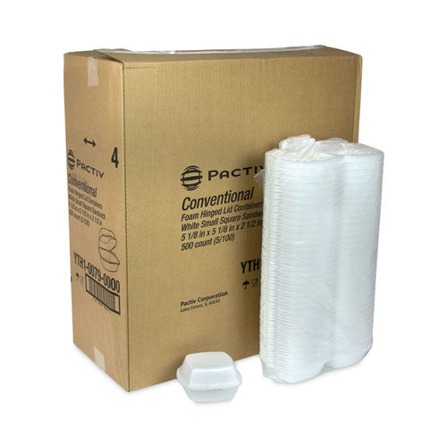 Image of Pactiv Evergreen YTH100790000 Foam Hinged Lid Container, Single Tab Lock, 5 x 5 x 2.5, White, 500/Carton