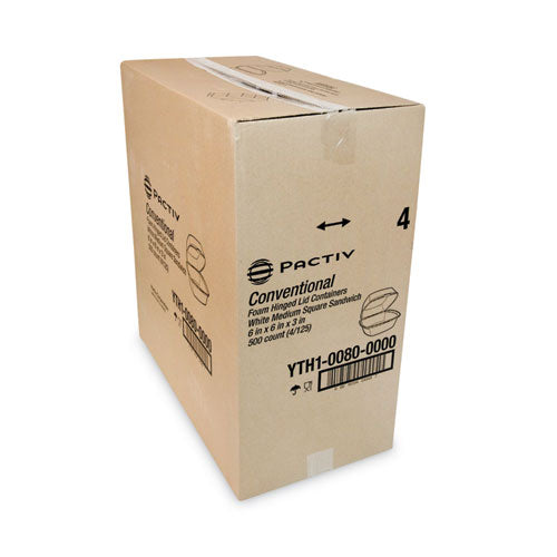 Image of Pactiv Evergreen YTH100800000 Foam Hinged Lid Container, Single Tab Lock, 6 x 6 x 3, White, 500/Carton