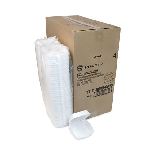 Image of Pactiv Evergreen YTH100800000 Foam Hinged Lid Container, Single Tab Lock, 6 x 6 x 3, White, 500/Carton