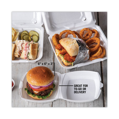 Image of Pactiv Evergreen YTH100800000 Foam Hinged Lid Container, Single Tab Lock, 6 x 6 x 3, White, 500/Carton