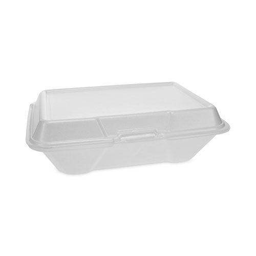 Image of Pactiv Evergreen YTH102050001 Foam Hinged Lid Container, Single Tab Lock #205 Utility, 9.2 x 6.5 x 2.8, White, 150/Carton