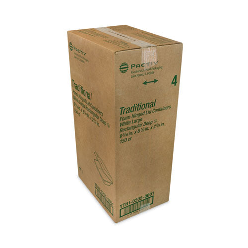 Image of Pactiv Evergreen YTH102050001 Foam Hinged Lid Container, Single Tab Lock #205 Utility, 9.2 x 6.5 x 2.8, White, 150/Carton