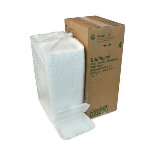 Image of Pactiv Evergreen YTH102050001 Foam Hinged Lid Container, Single Tab Lock #205 Utility, 9.2 x 6.5 x 2.8, White, 150/Carton