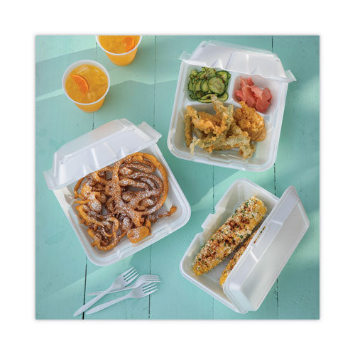 Image of Pactiv Evergreen YTH102050001 Foam Hinged Lid Container, Single Tab Lock #205 Utility, 9.2 x 6.5 x 2.8, White, 150/Carton