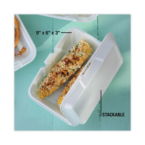 Image of Pactiv Evergreen YTH102050001 Foam Hinged Lid Container, Single Tab Lock #205 Utility, 9.2 x 6.5 x 2.8, White, 150/Carton