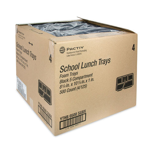 Image of Pactiv Evergreen YTHB0500SGBX Foam School Trays, 5-Compartment Tray, 8.25 x 10.25 x 1, Black, 500/Carton