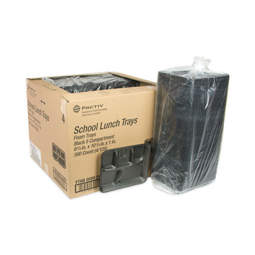 Image of Pactiv Evergreen YTHB0500SGBX Foam School Trays, 5-Compartment Tray, 8.25 x 10.25 x 1, Black, 500/Carton