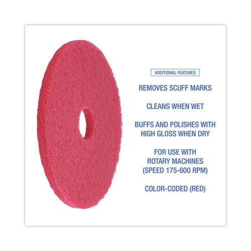 Image of Boardwalk® BWK4018RED Buffing Floor Pads, 18" Diameter, Red, 5/carton