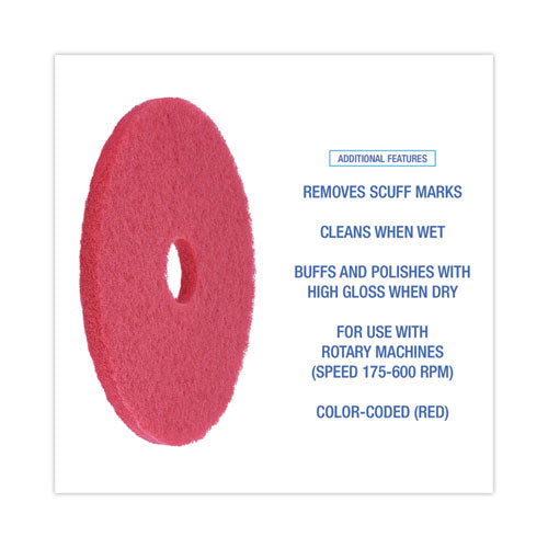 Image of Boardwalk® BWK4017RED Buffing Floor Pads, 17" Diameter, Red, 5/carton