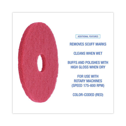 Image of Boardwalk® BWK4013RED Buffing Floor Pads, 13" Diameter, Red, 5/carton