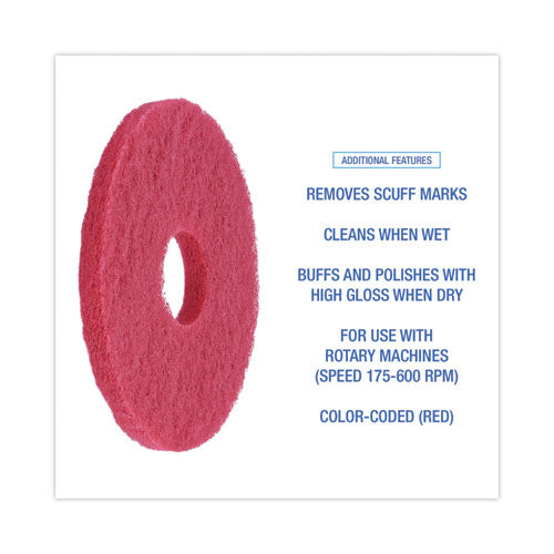 Image of Boardwalk® BWK4012RED Buffing Floor Pads, 12" Diameter, Red, 5/carton