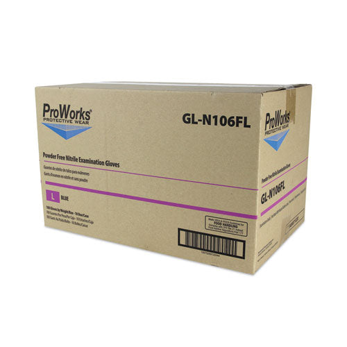Image of HOSPECO® GL-N106FL ProWorks Exam Grade Disposable Nitrile Gloves, Powder-Free, Large, 5.5 mil Thick, 9.5" Long, Blue, 100/Box, 10 Boxes/Carton