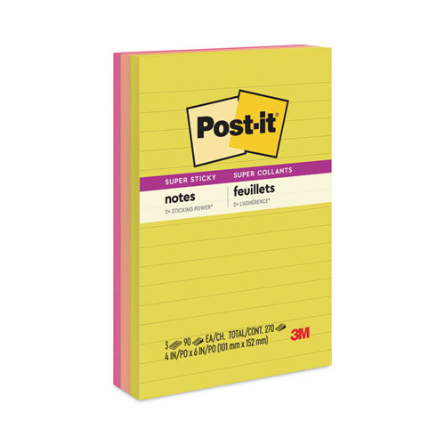 Image of Post-it® Notes Super Sticky 660-3SSJOY Note Pads in Summer Joy Collection Colors, 4" x 6", Note Ruled, Summer Joy Collection Colors, 90 Sheets/Pad, 3 Pads/Pack