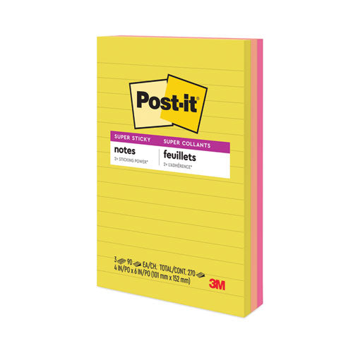 Image of Post-it® Notes Super Sticky 660-3SSJOY Note Pads in Summer Joy Collection Colors, 4" x 6", Note Ruled, Summer Joy Collection Colors, 90 Sheets/Pad, 3 Pads/Pack
