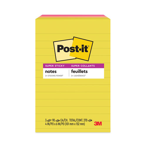 Image of Post-it® Notes Super Sticky 660-3SSJOY Note Pads in Summer Joy Collection Colors, 4" x 6", Note Ruled, Summer Joy Collection Colors, 90 Sheets/Pad, 3 Pads/Pack