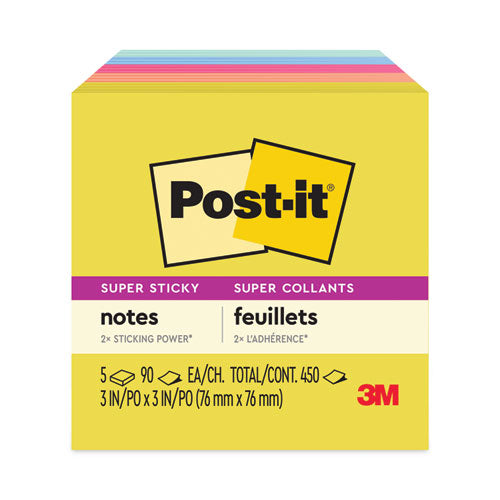 Image of Post-it® Notes Super Sticky 654-5SSJOY Note Pads in Summer Joy Collection Colors, 3" x 3", Summer Joy Collection Colors, 90 Sheets/Pad, 5 Pads/Pack